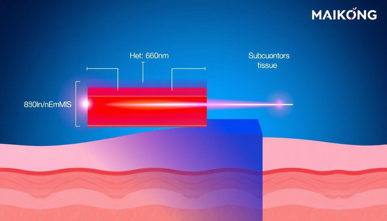 Red light therapy bed technology diagram showing wavelength penetration