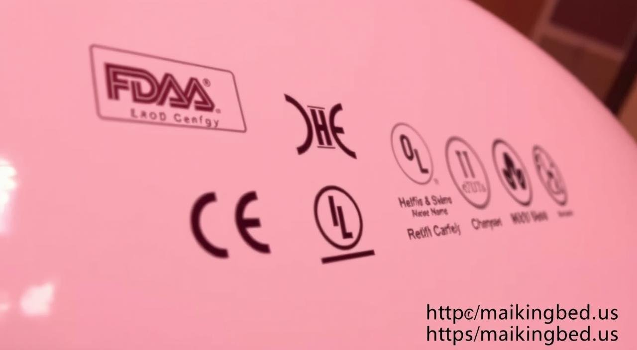 Red light therapy bed with safety certification labels visible