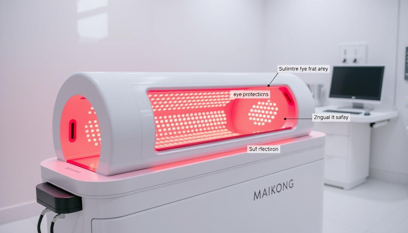 Red light therapy bed with safety features highlighted showing eye protection components