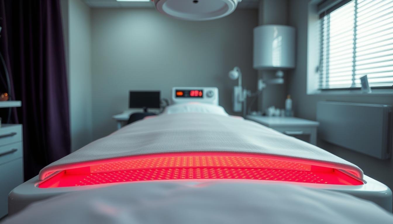 Red light therapy bed with visible red LEDs illuminating a treatment surface