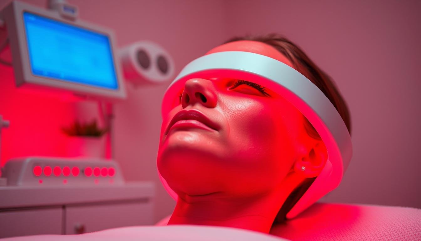 Red light therapy treatment showing red LED lights illuminating a person's skin during therapy session