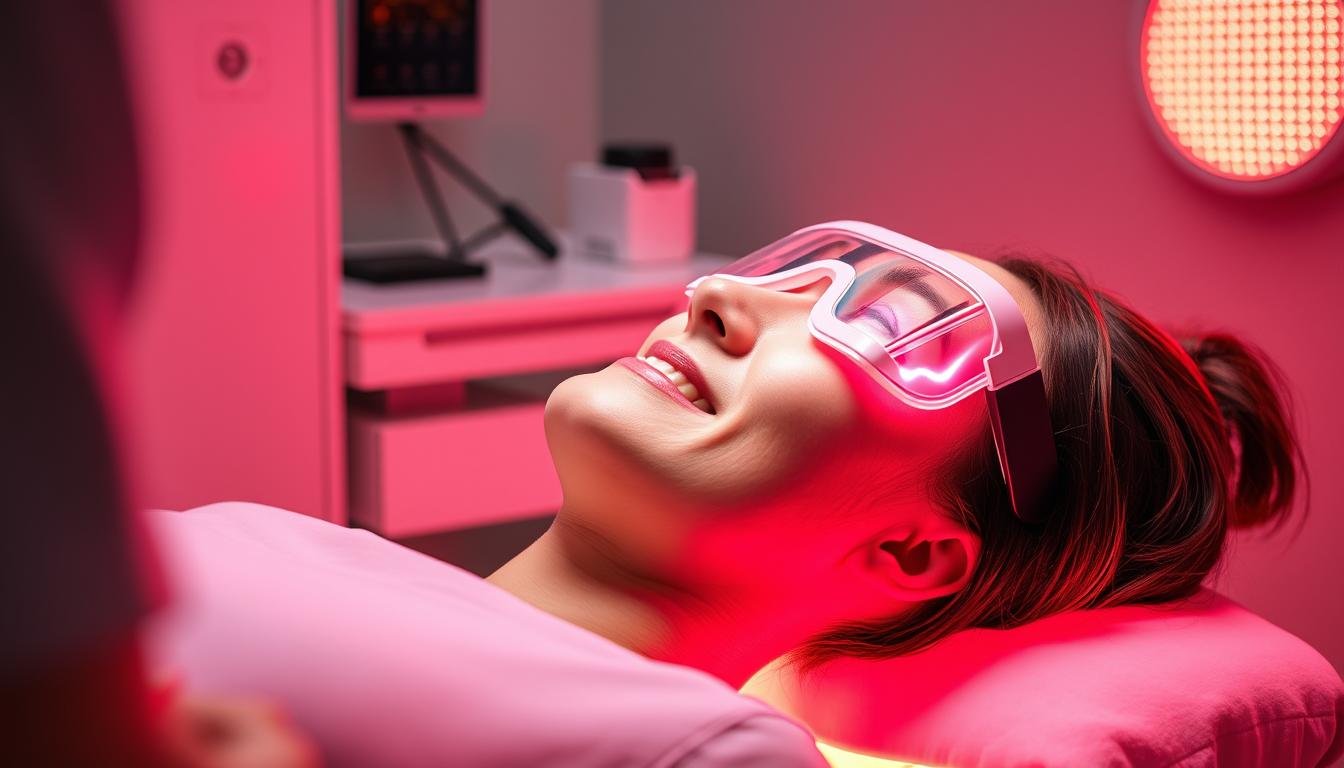 Satisfied client receiving safe red light therapy treatment