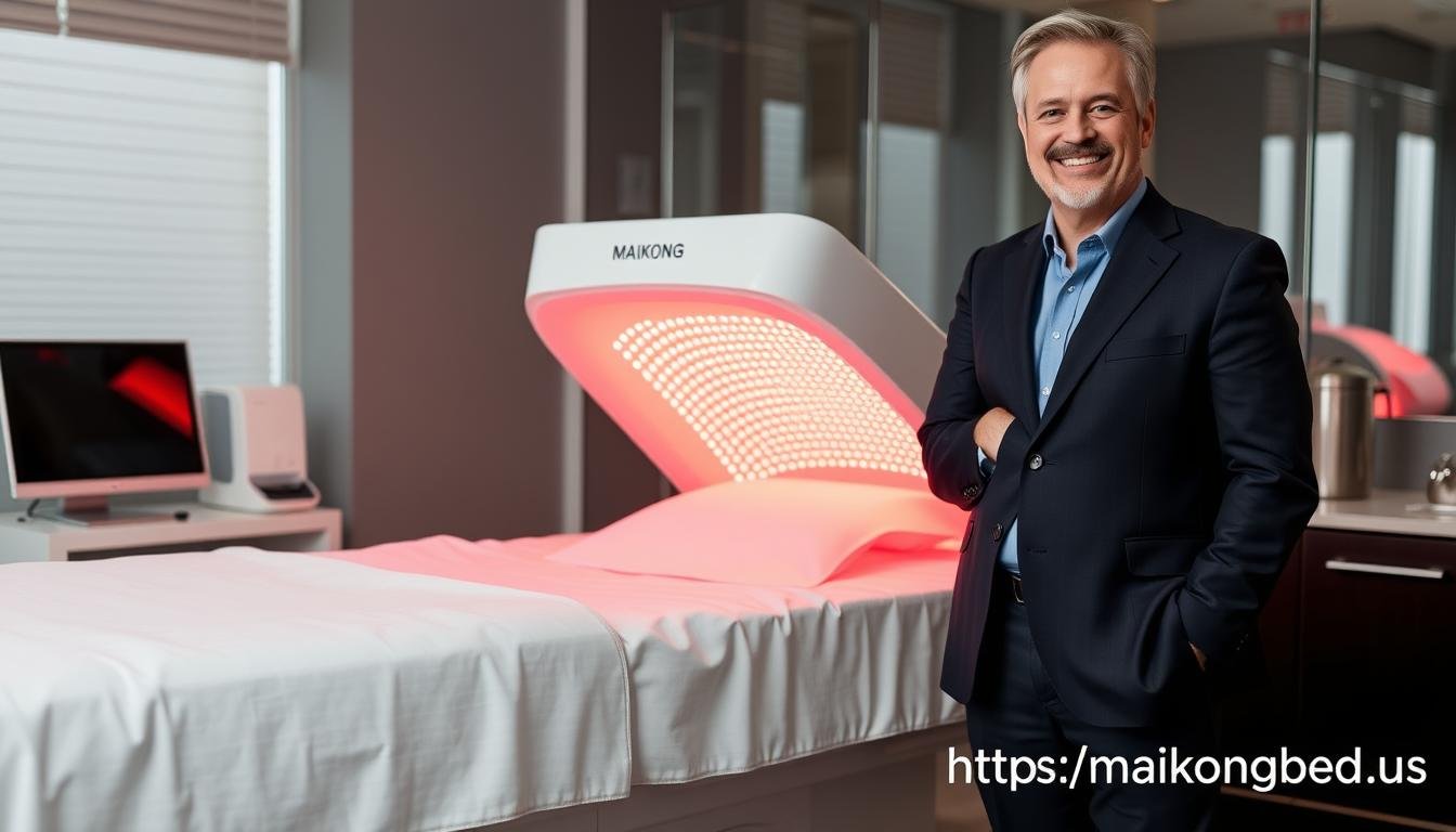 Satisfied clinic owner standing next to their MAIKONG red light therapy bed