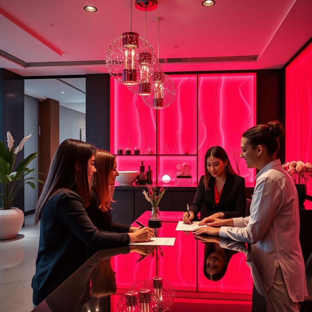 Satisfied spa clients signing up for red light therapy membership