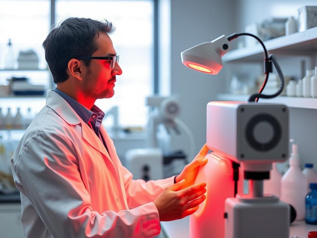 Scientist in lab examining red light therapy equipment
