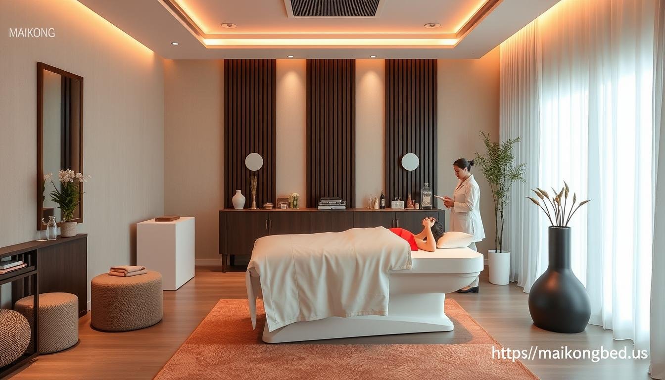 Spa or wellness center featuring MAIKONG red light therapy bed showing business Red Light Bed Benefits