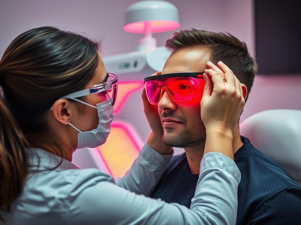 Staff demonstrating proper eye protection application for client in red light therapy bed