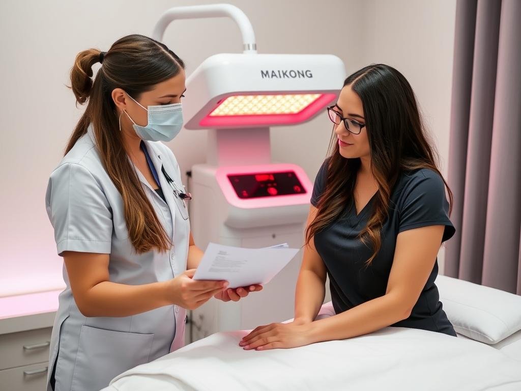 Staff member conducting client screening before red light therapy session