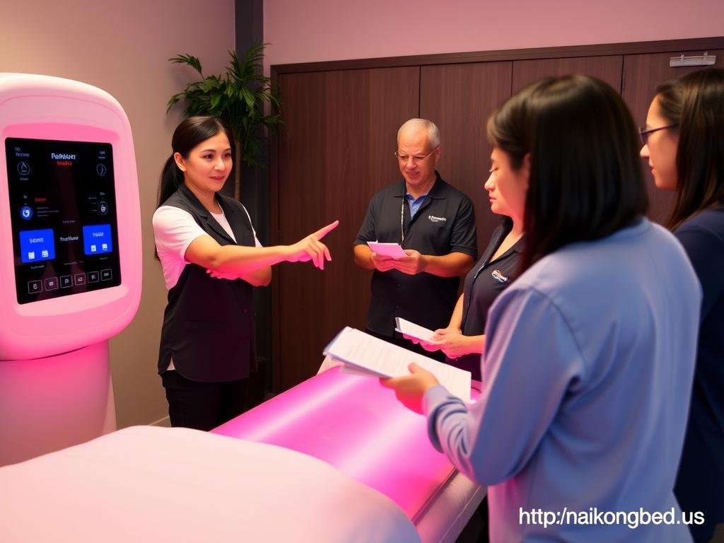 Staff training session for red light therapy bed operation