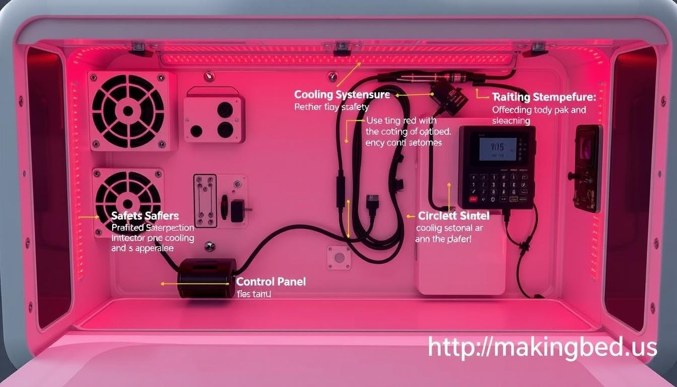Technical components of a red light therapy bed showing safety features