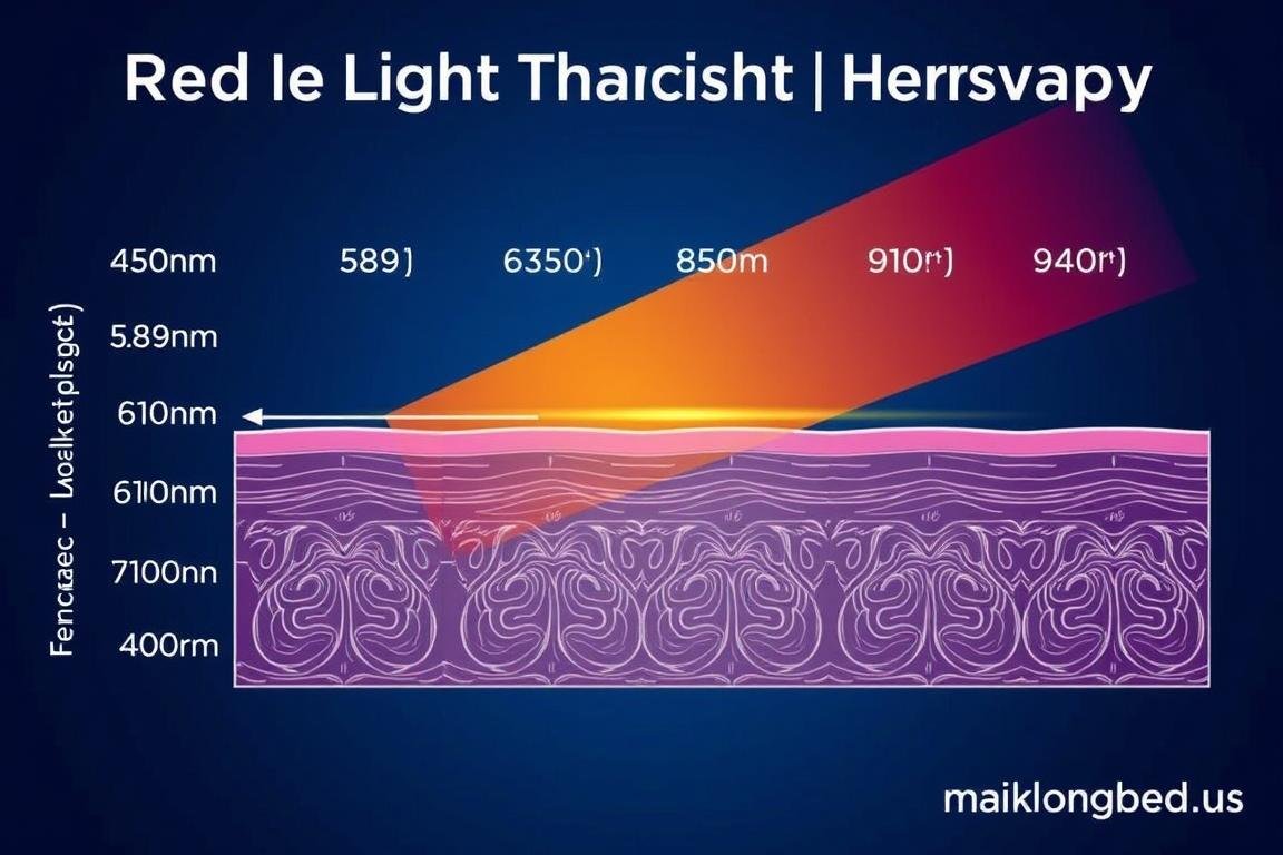 Technical diagram of red light therapy wavelengths and penetration depths