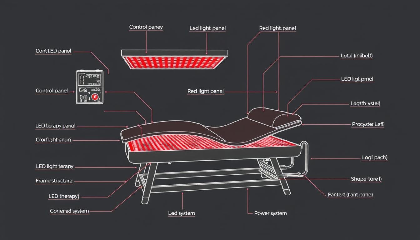 Technical diagram showing the components and structure of a MAIKONG Red Light Therapy Bed