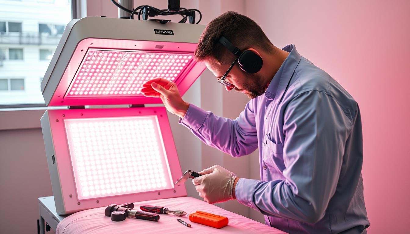 Technician performing maintenance check on MAIKONG red light therapy bed