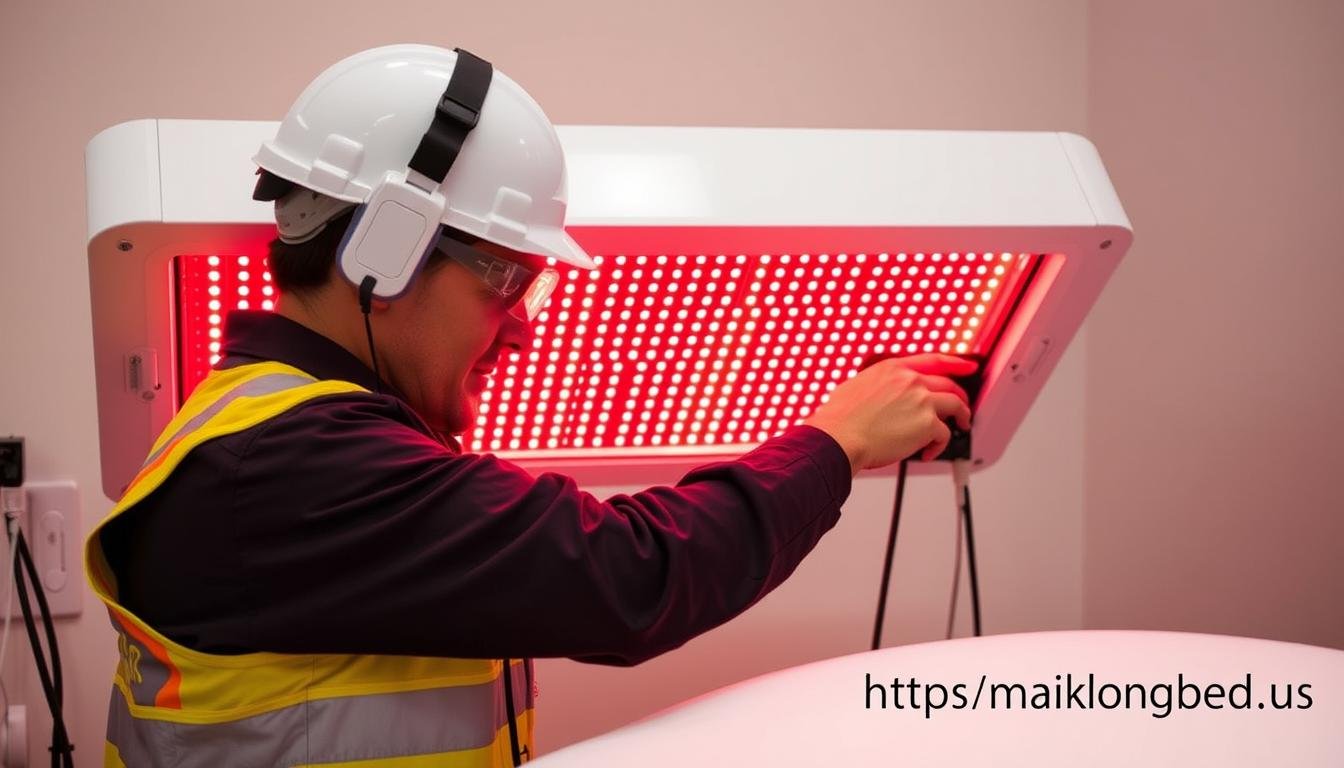 Technician performing maintenance on a red light therapy bed