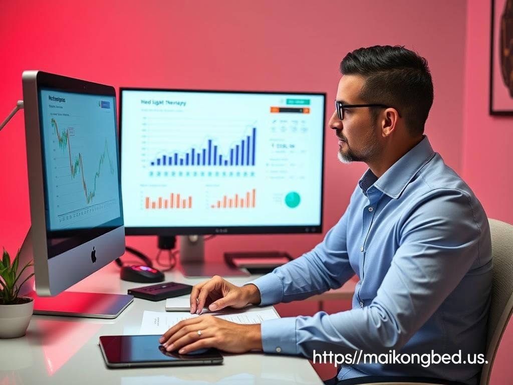 Wellness center owner reviewing red light therapy business metrics