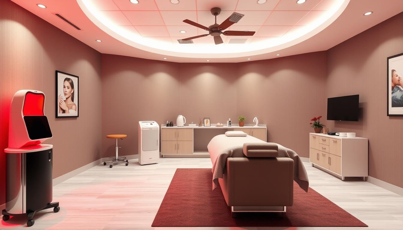 Wellness center with red light therapy room setup showing optimal space design