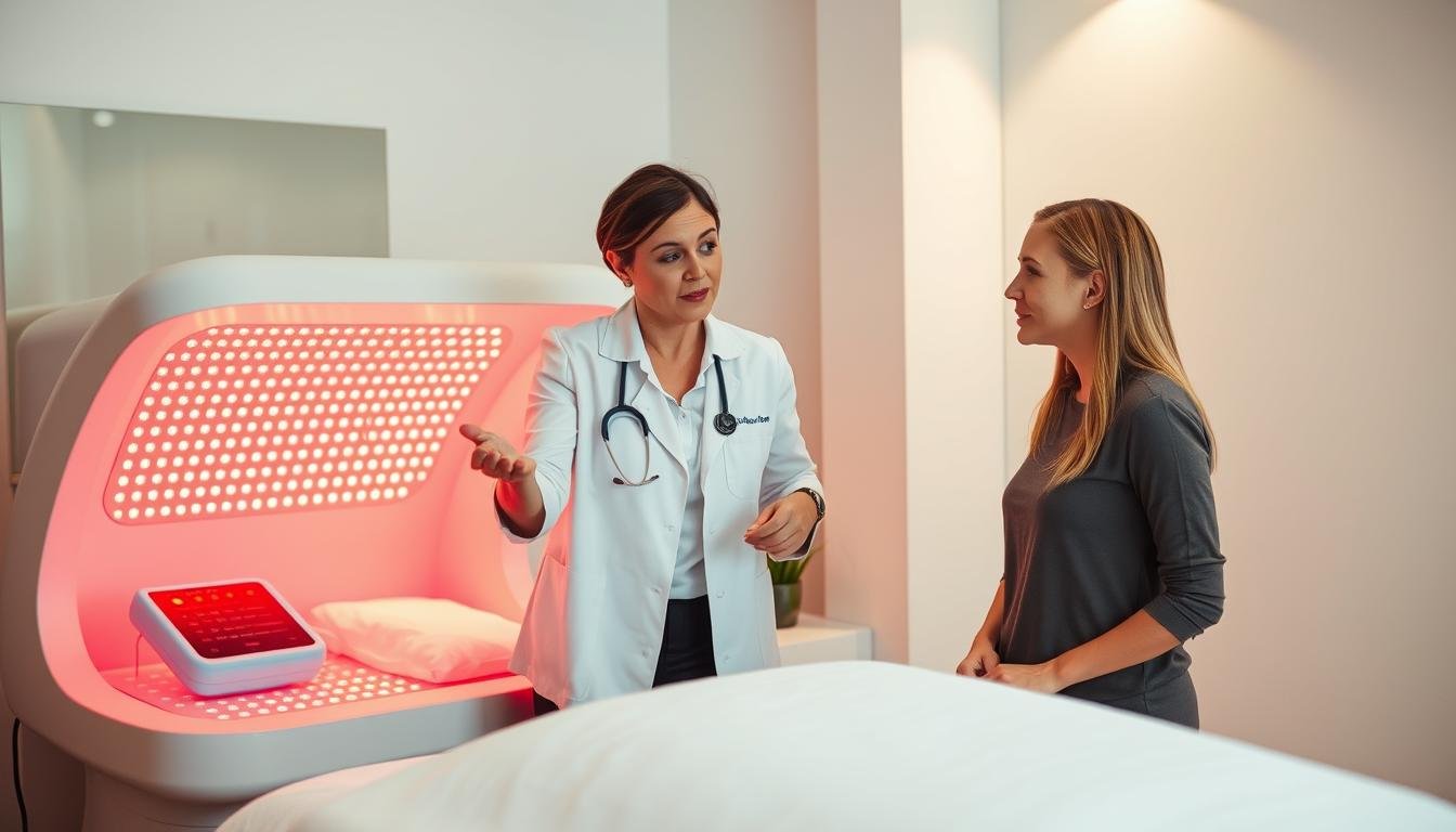 Wellness professional explaining Red Light Therapy Bed to a client
