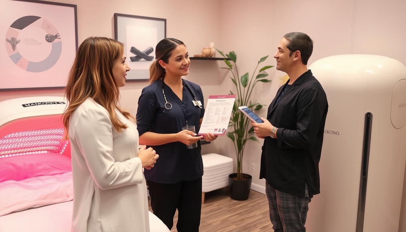 Wellness professional explaining red light therapy benefits to client