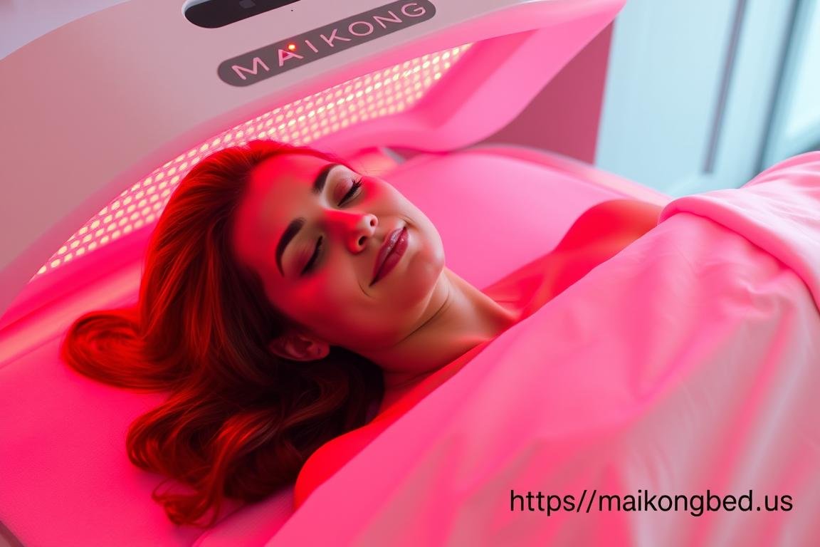 Woman experiencing red light therapy in a MAIKONG bed