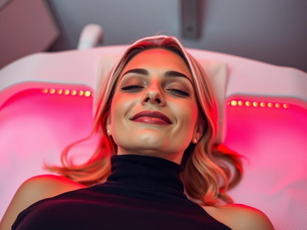 Woman receiving red light therapy treatment showing visible skin improvements