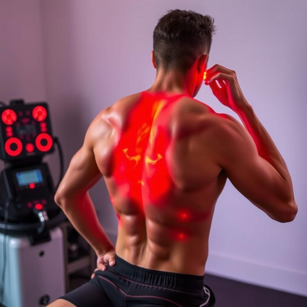 Athlete using red light therapy for muscle recovery after workout