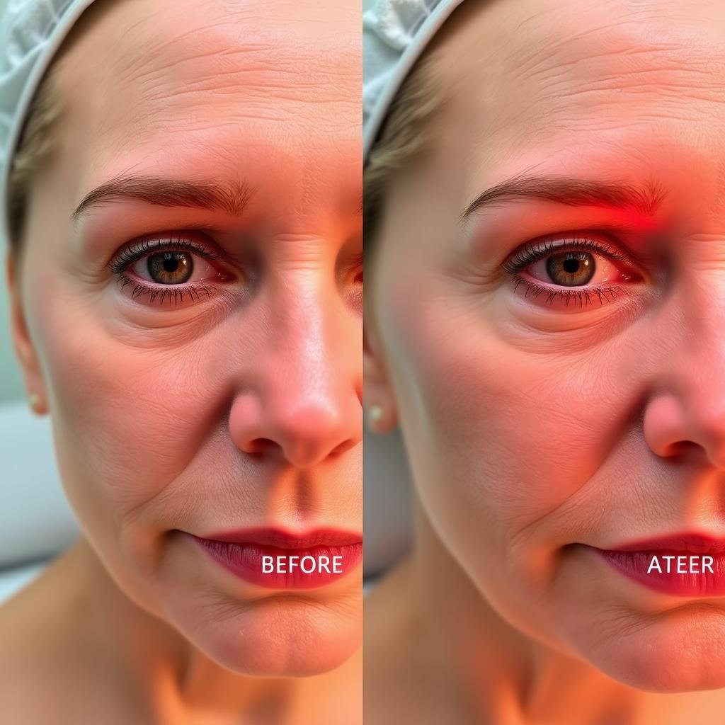 Before and after results of red light therapy on facial skin showing reduced wrinkles