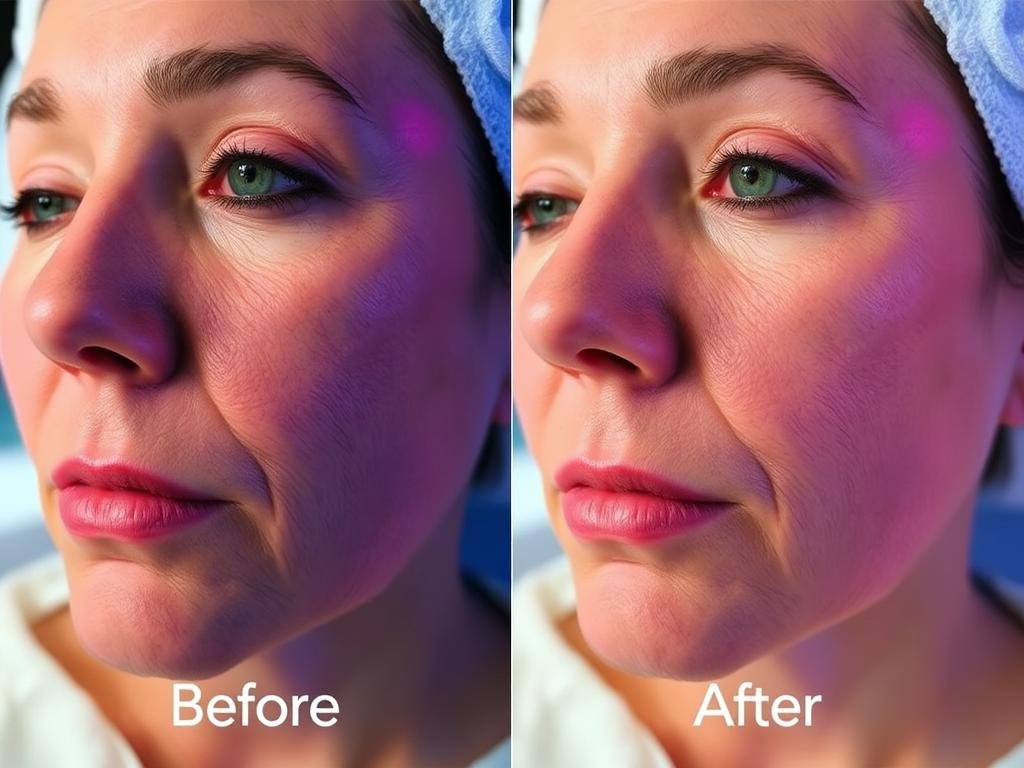 Before and after results of red light therapy on facial skin