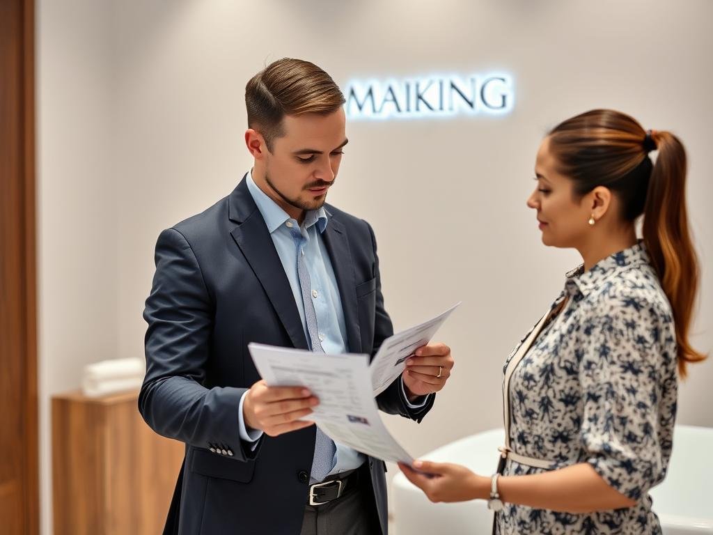 Business owner consulting with MAIKONG representative about red light tanning bed installation