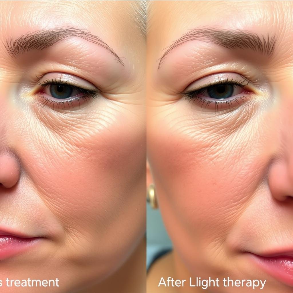 Close-up of skin showing before and after red light therapy treatment
