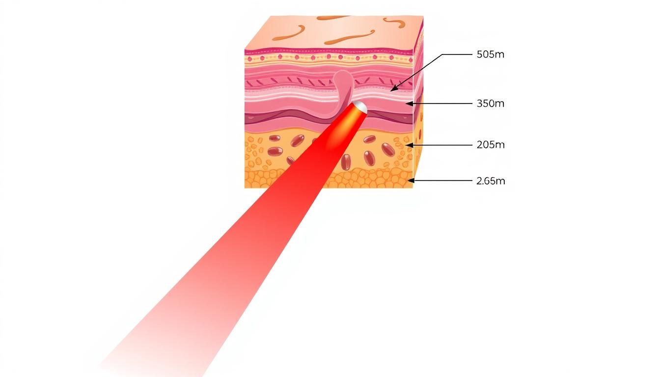 Diagram showing how red light therapy wavelengths penetrate skin at different depths