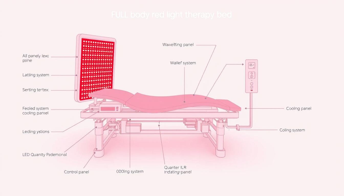 Diagram showing the key components and specifications of a full body red light therapy bed