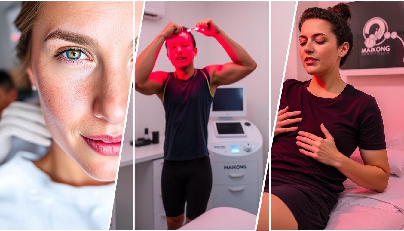 Different applications of red light therapy showing skin rejuvenation, muscle recovery, and pain management