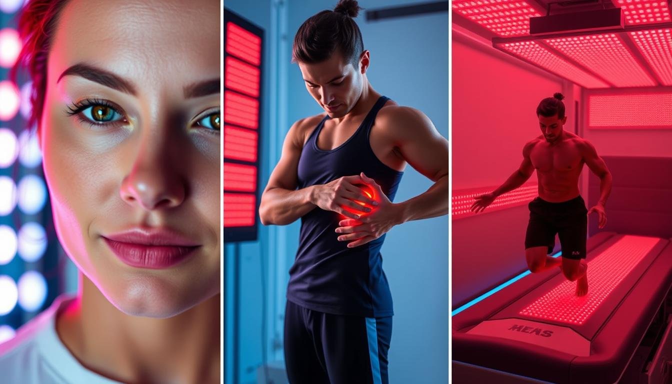 Multiple applications of MAIKONG Red Light Therapy Bed showing skin health, pain relief, and recovery benefits