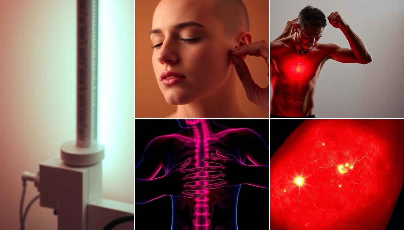 Multiple therapeutic applications of red light therapy showing skin, muscle, and joint treatments Multiple therapeutic applications of red light therapy showing skin, muscle, and joint treatments