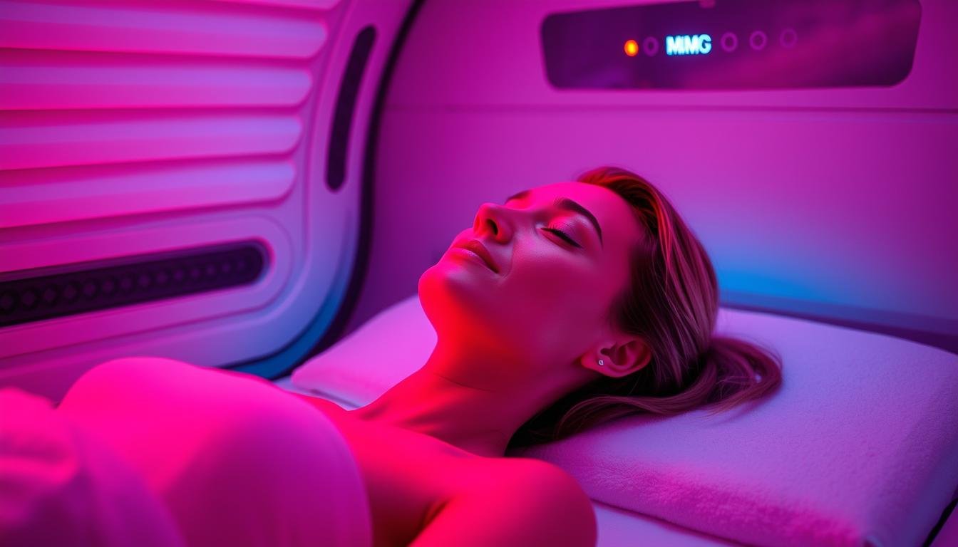Person enjoying a red light therapy session in a MAIKONG converted tanning bed