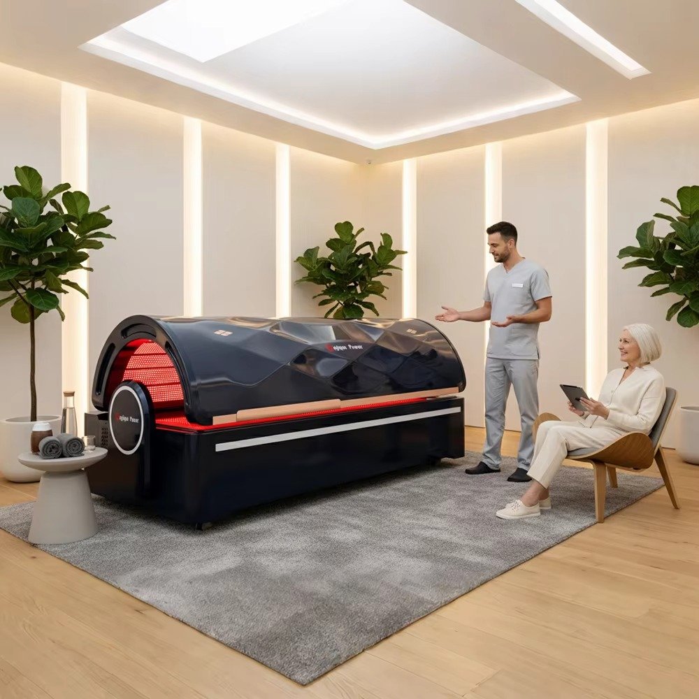 Red Light Therapy Bed emitting therapeutic red light wavelengths