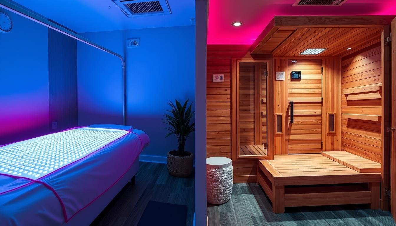 Red light therapy bed next to infrared sauna in wellness center