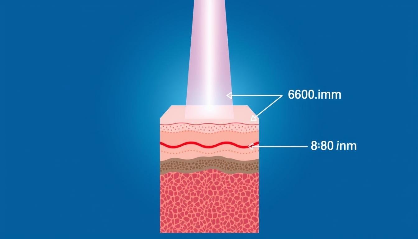 Red light therapy treatment showing red light wavelengths penetrating skin tissue Red light therapy treatment showing red light wavelengths penetrating skin tissue