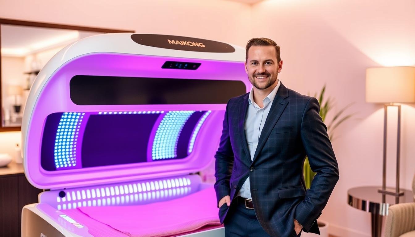 Successful spa owner standing next to their MAIKONG red light tanning bed