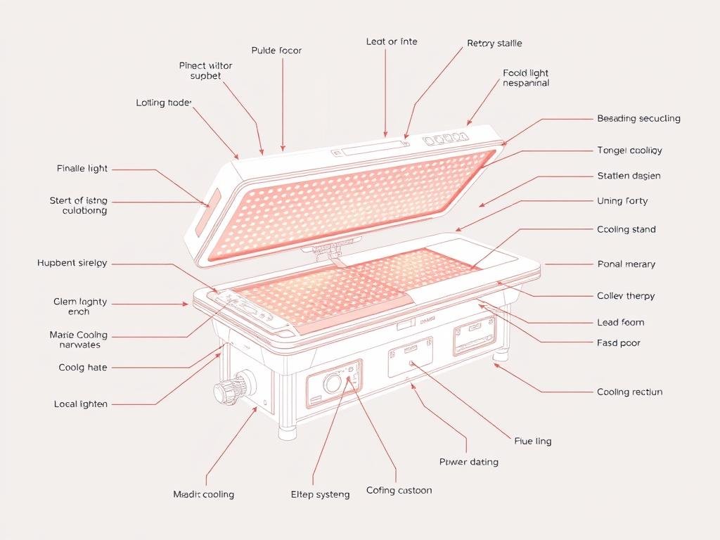 Technical diagram of MAIKONG Red Light Therapy Bed with labeled components