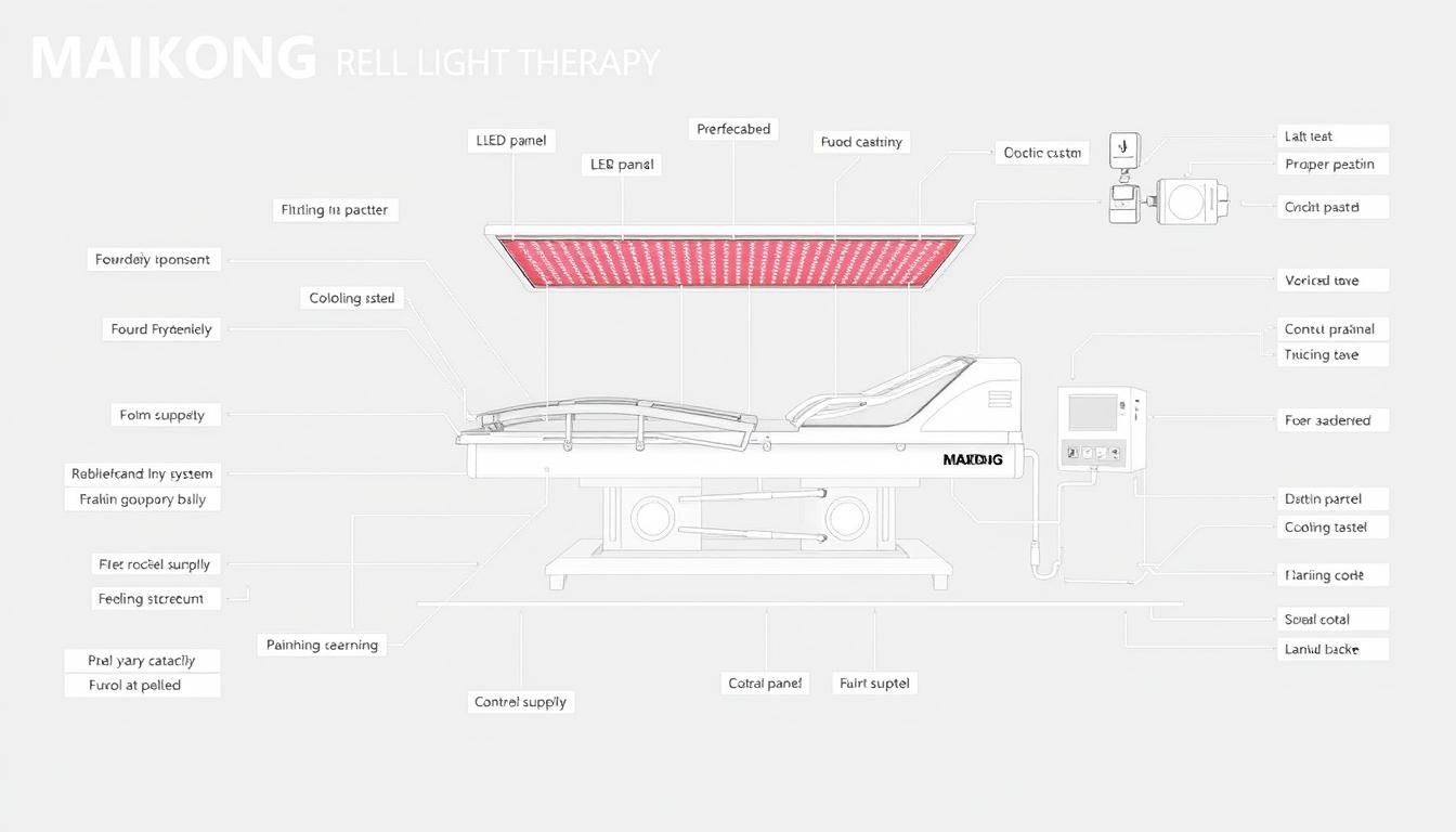 Technical diagram of MAIKONG red light therapy bed showing key components and specifications