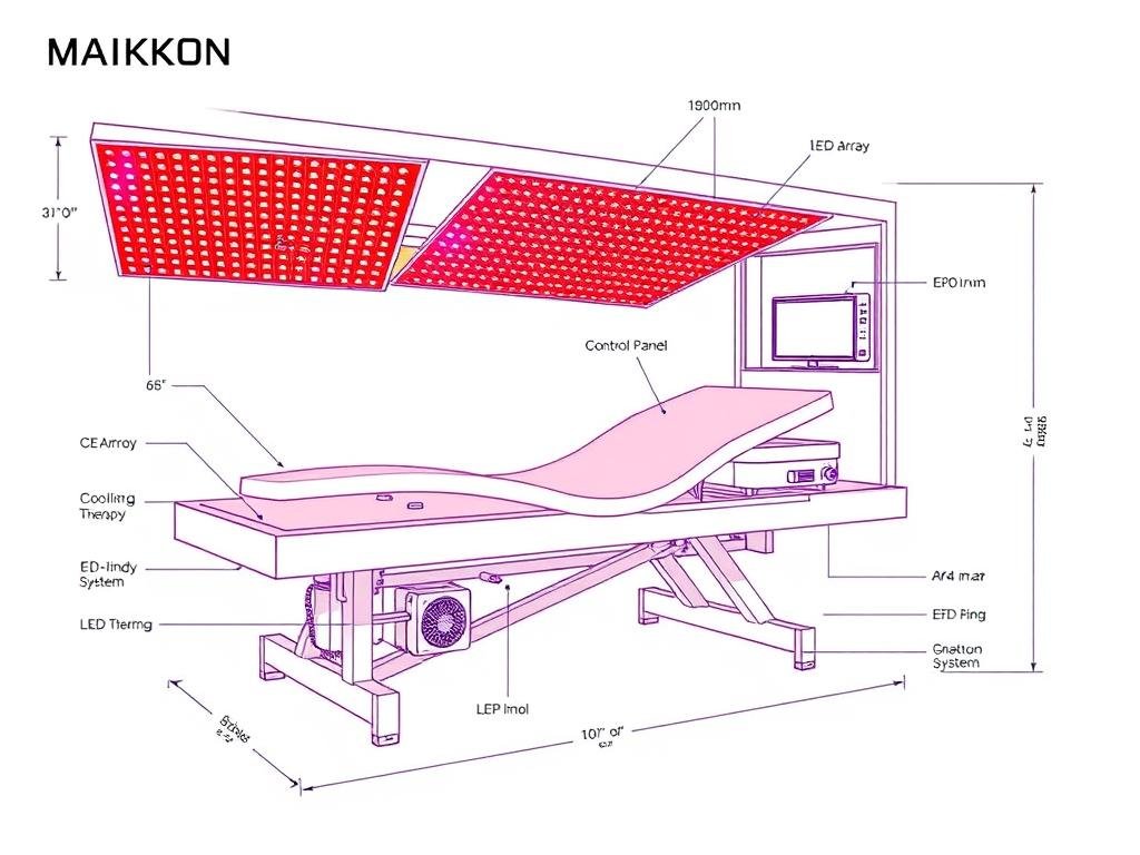 Technical diagram of MAIKONG red light therapy bed showing key components Technical diagram of MAIKONG red light therapy bed showing key components