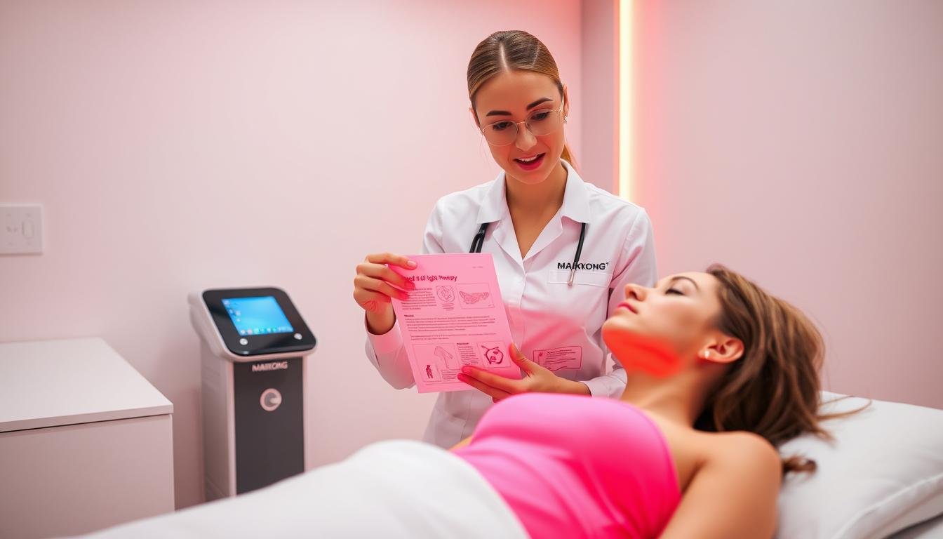 Therapist explaining red light therapy treatment to client Therapist explaining red light therapy treatment to client