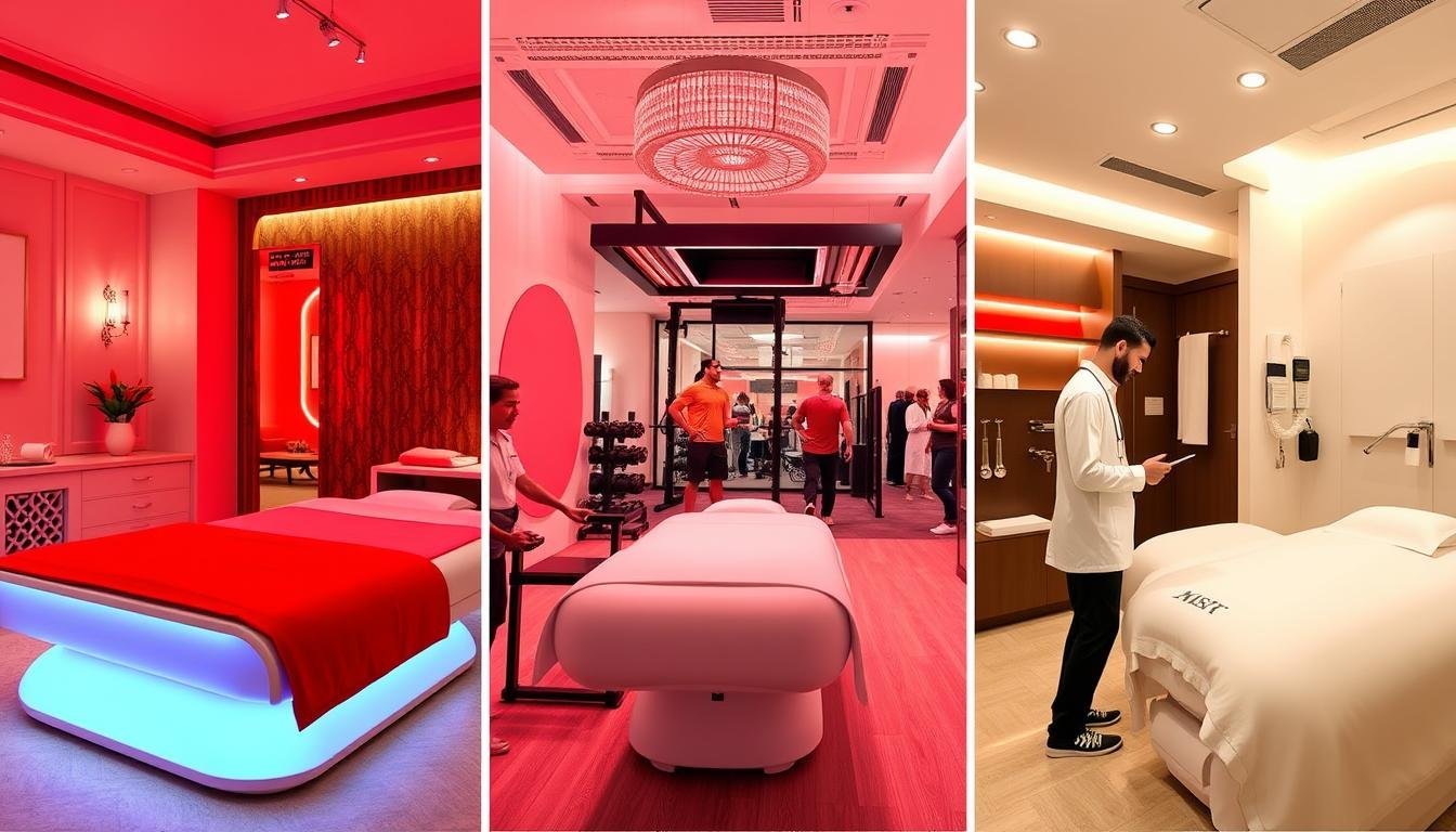 Various commercial settings using MAIKONG red light therapy beds including spa, fitness center, and medical clinic
