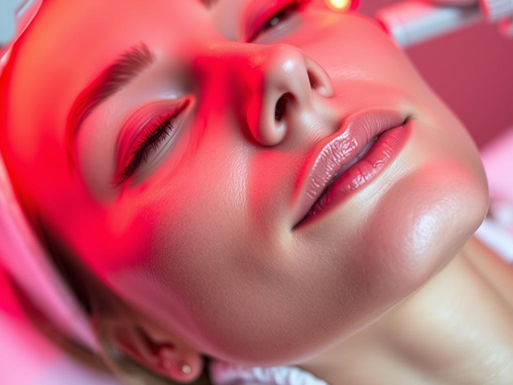 Woman enjoying red light therapy treatment for skin rejuvenation with visible glow Woman enjoying red light therapy treatment for skin rejuvenation with visible glow